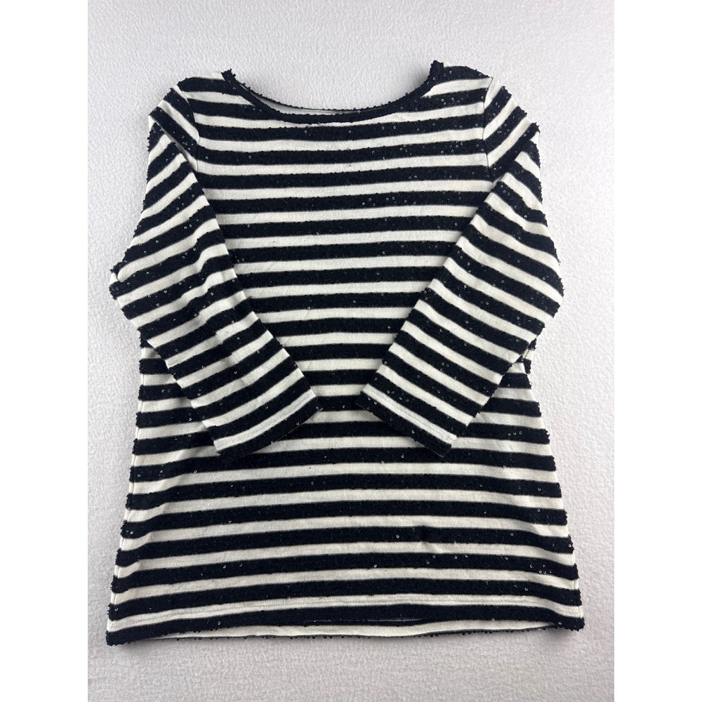 Talbots Petites Striped Sequin Boat Neck Top Black White 3/4 Sleeve MP CA23147